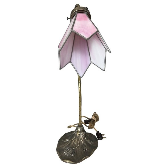 Vintage L&L WMC Tiffany Style Stained Glass Table Lamp MCM Pink - Lily Pad 19"H - Picture 9 of 13